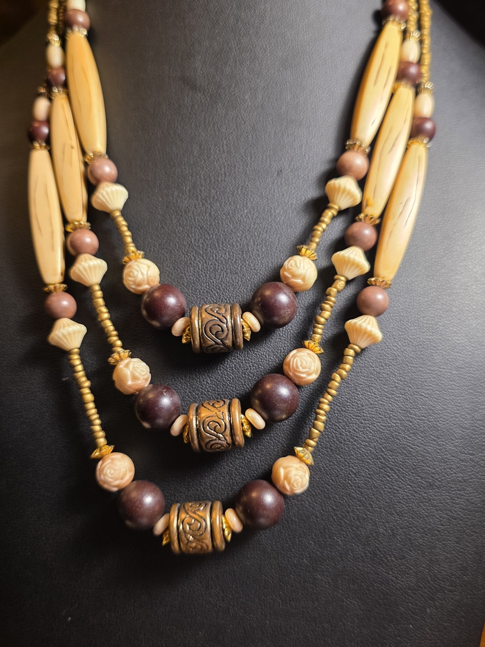 Beaded Layered Necklace - Brown and Cream Boho Vibe.